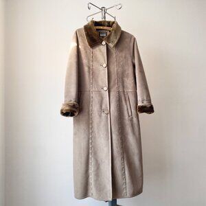🌿 Y2K Vintage Khaki Green Long Faux Shearling Coat with Faux Fur Trim